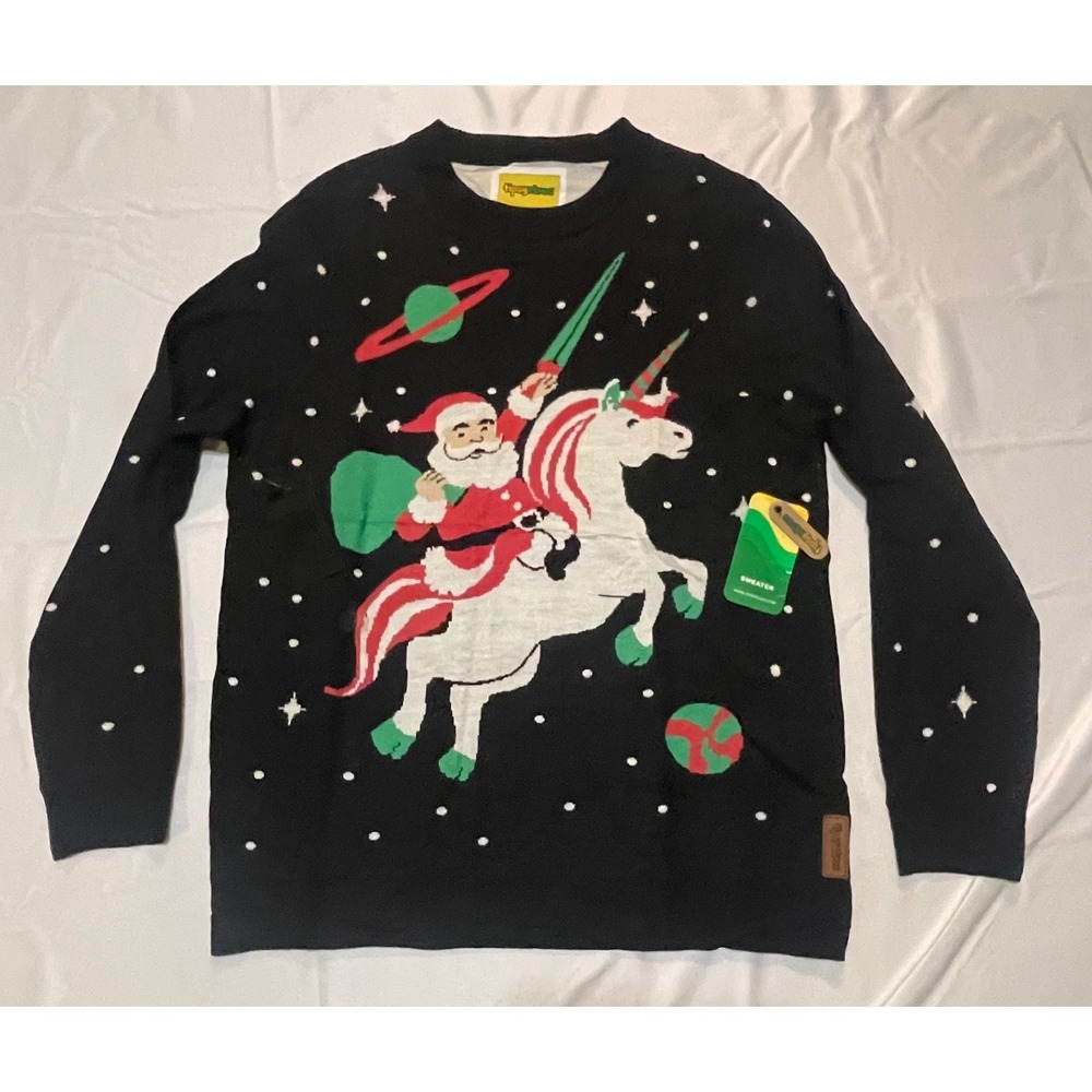 Tipsy Elves Men's Santa Ugly Christmas Sweater Unicorn Sword Statement NWT L